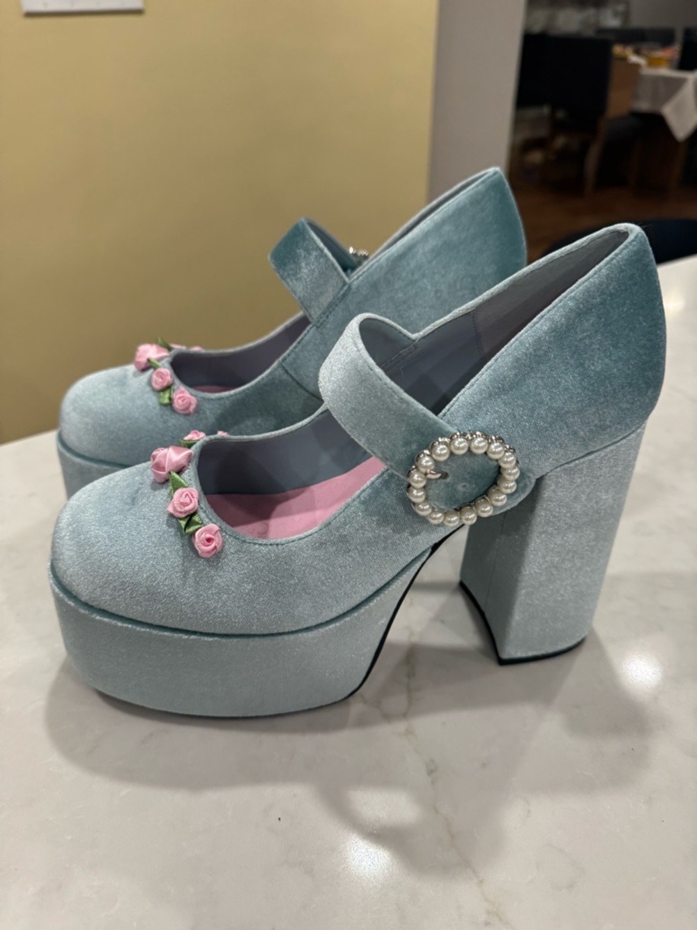 Platform heels, faux velvet, size 10, light blue
